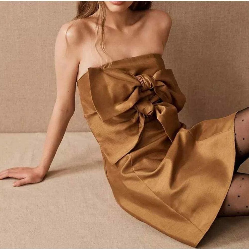 BOSKEMPER Ariel Bronze Bow Strapless Mini Dress NWT Wedding Guest M